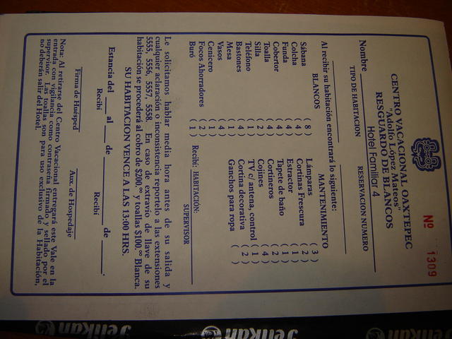 Inventory of contents for the familiar hotel (room for 4)